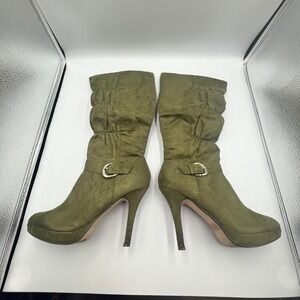 Women's Olive Green Ruched Knee-High Platform Stiletto Boots Ester-MF